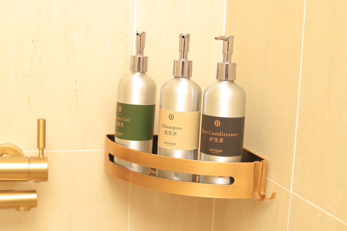 Shampoo bottles and soap on amenity deck in Entikko Safari Lodge single room bathroom