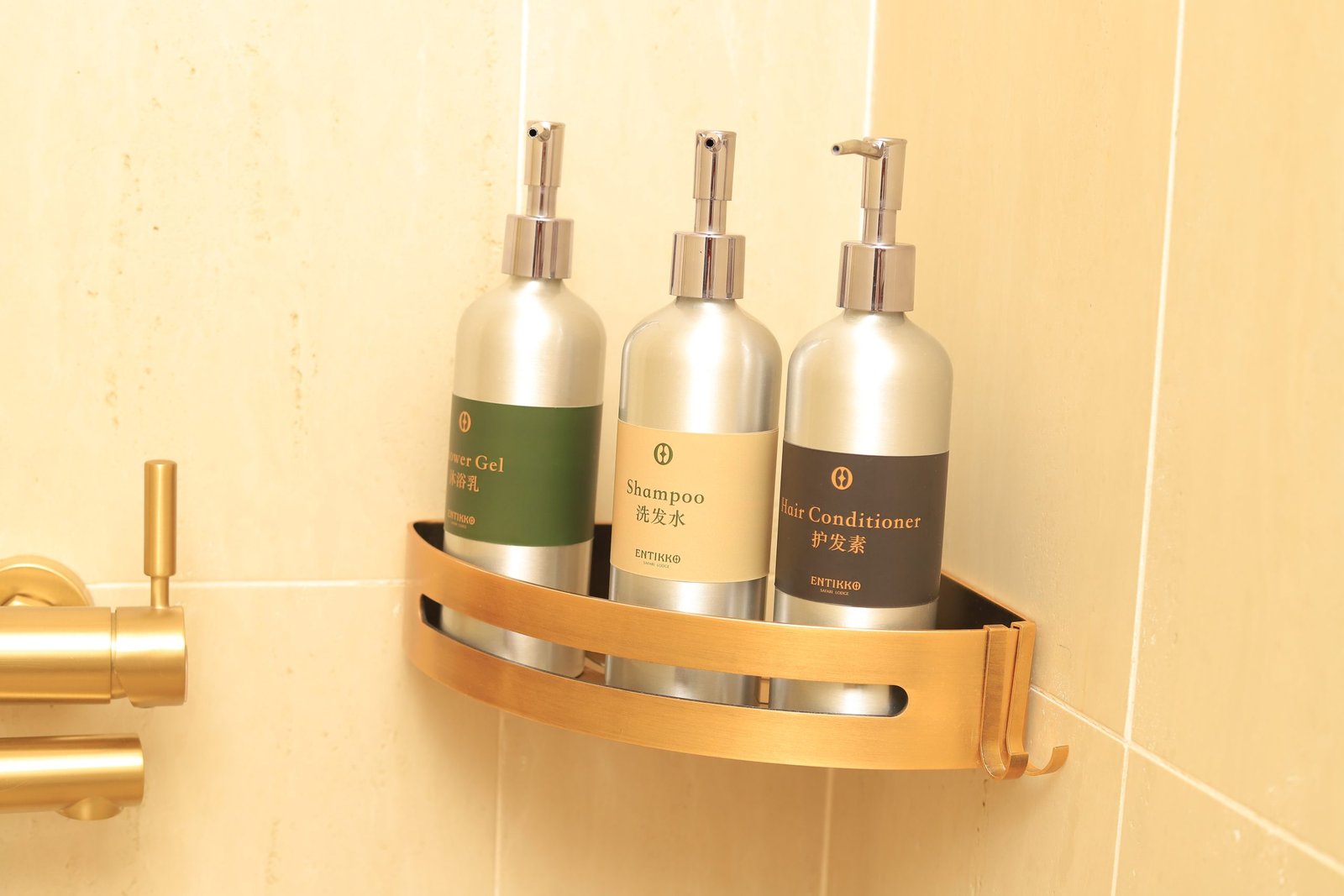 Shampoo bottles and soap on amenity deck in Entikko Safari Lodge single room bathroom