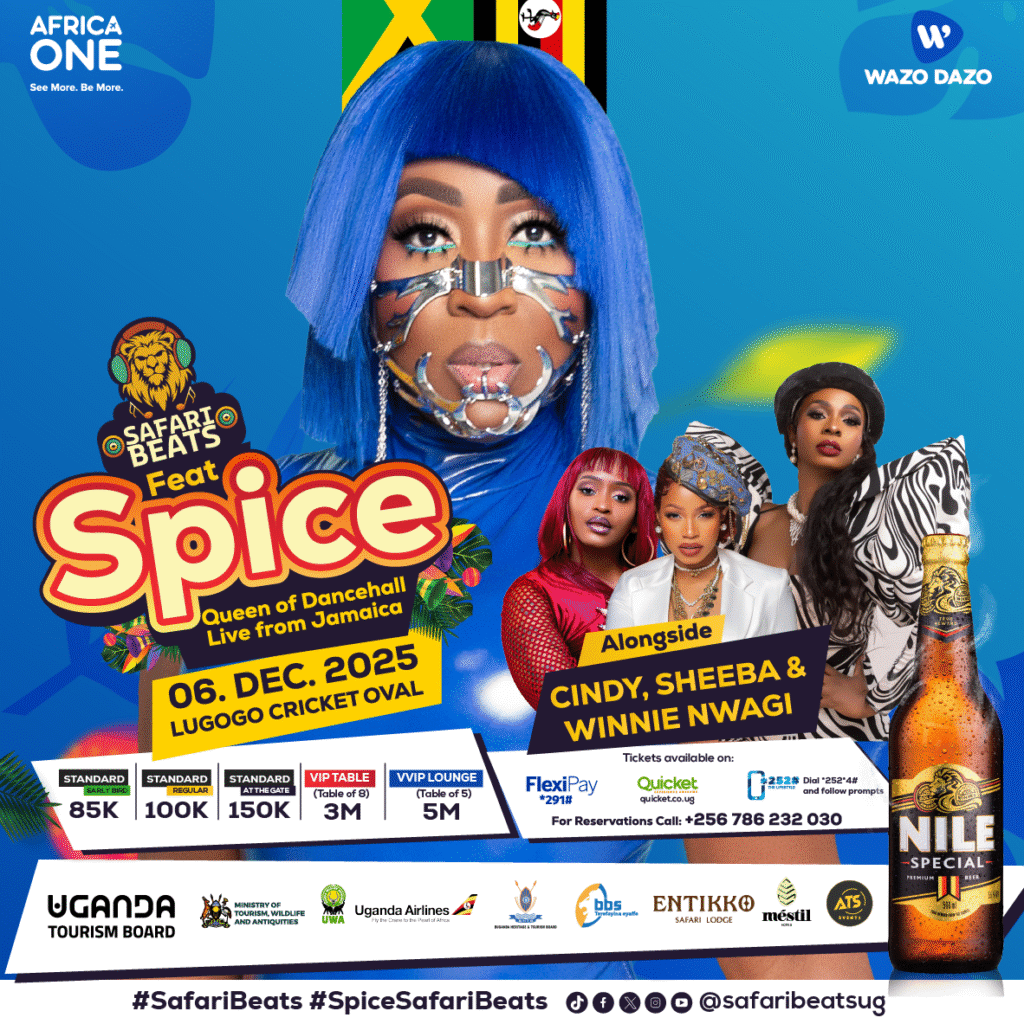 This is an official poster for Jamaican artiste Spice queen of Dancehall performing at lugogo cricket oval partnering with Entikko Safari lodge