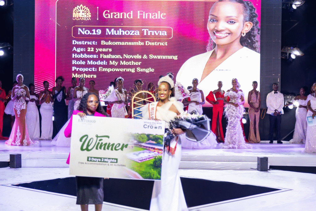 Muhoza Trivia Elle has been crowned Miss Uganda 2025/26, with the Grand Finale held at the Sheraton Kampala Hotel while receiving her prize from Entikko Safari lodge