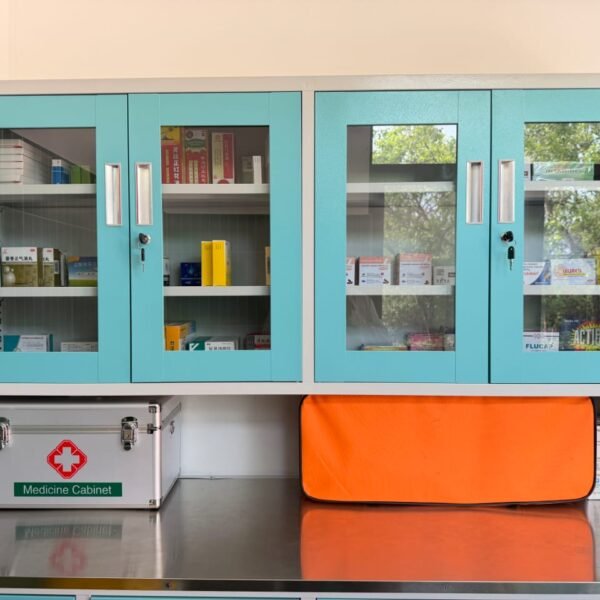 Medical supplies and storage cabinet stocked with medicines at the on-site clinic at Entikko Safari Lodge Uganda